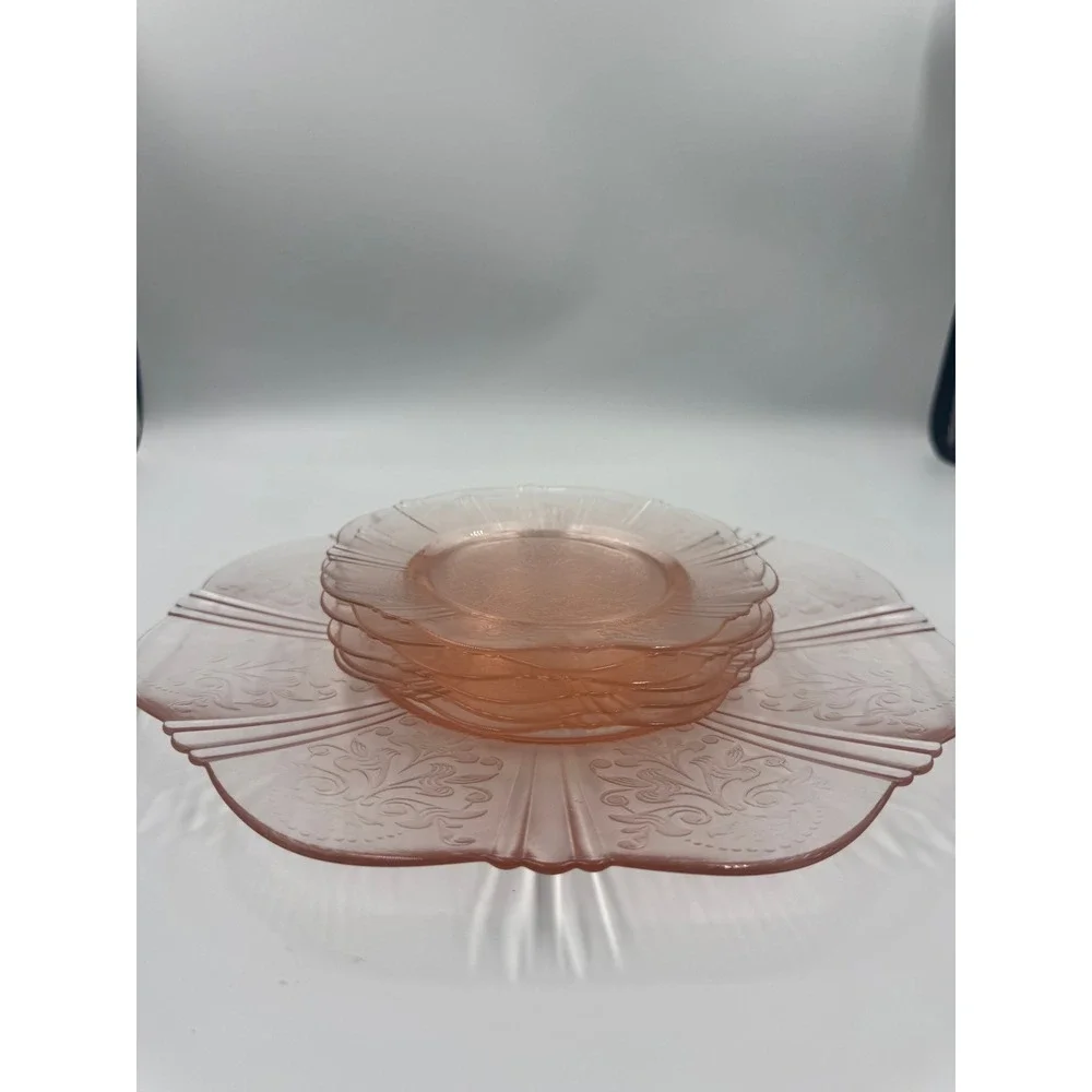 MacBeth-Evans Sweetheart Pink Depression Glass Plate Set 7pc Vintage 1930